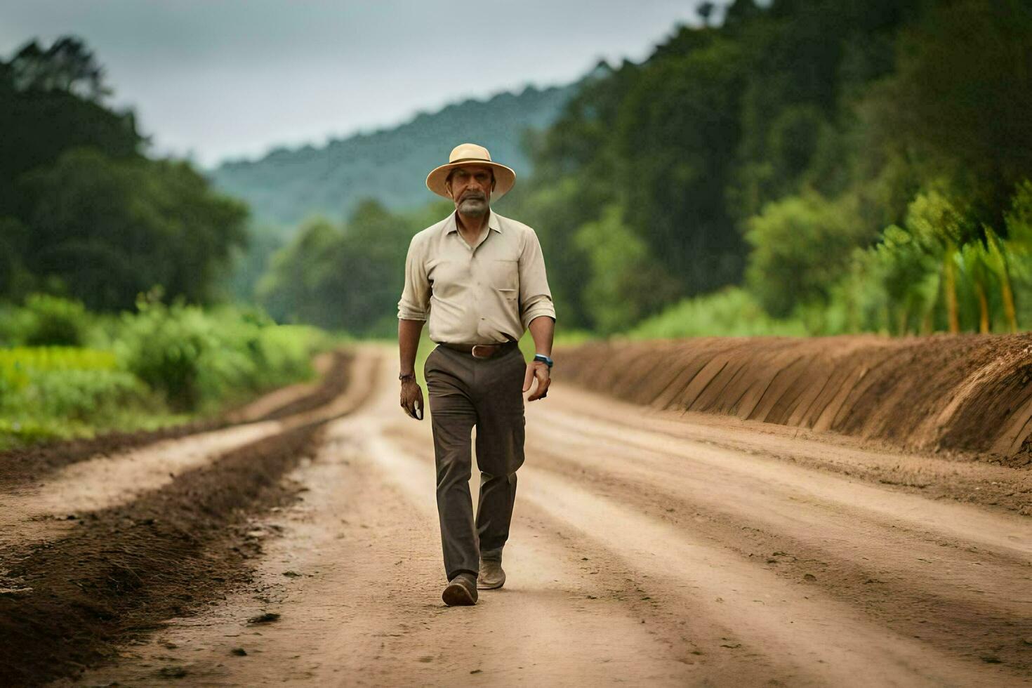 a man in a hat walks down a dirt road. AI-Generated photo