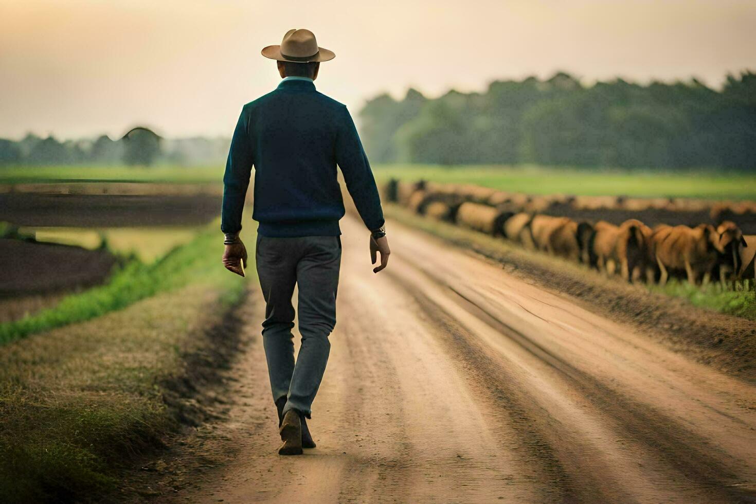 a man walking down a dirt road with cows in the background. AI-Generated photo