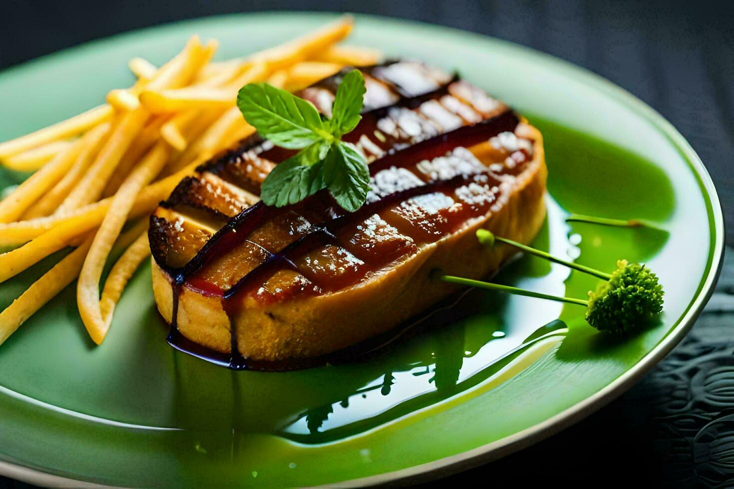 a green plate topped with a grilled steak and french fries. AI-Generated photo