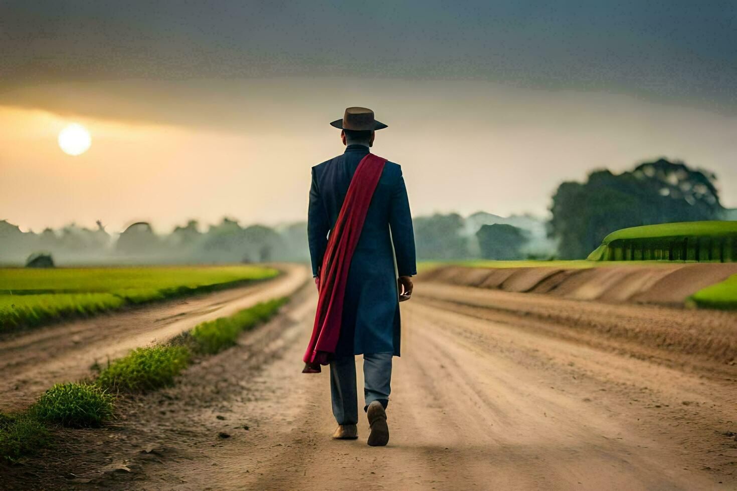 a man in a suit and hat walking down a dirt road. AI-Generated photo
