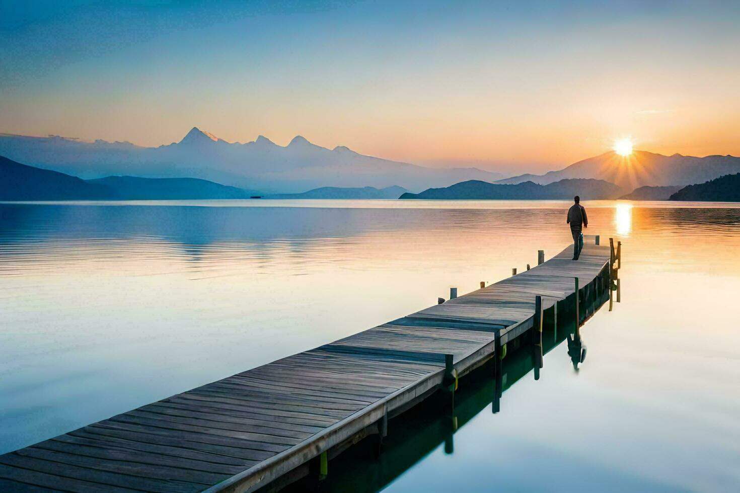 a man standing on a dock at sunset. AI-Generated photo