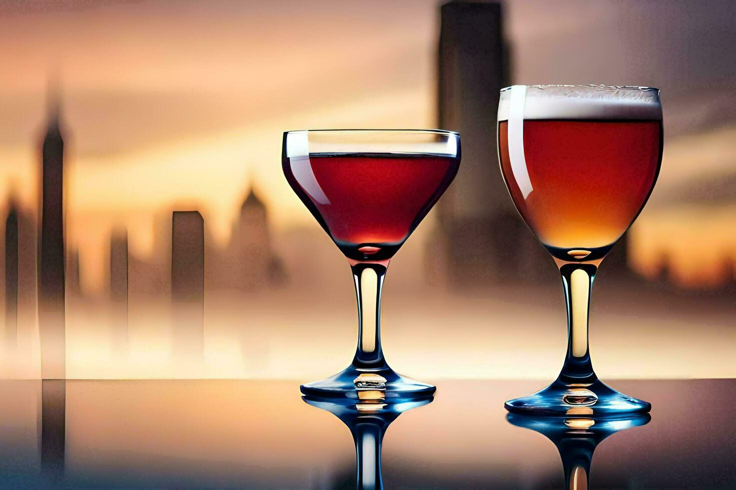two glasses of wine with city skyline in the background. AI-Generated photo