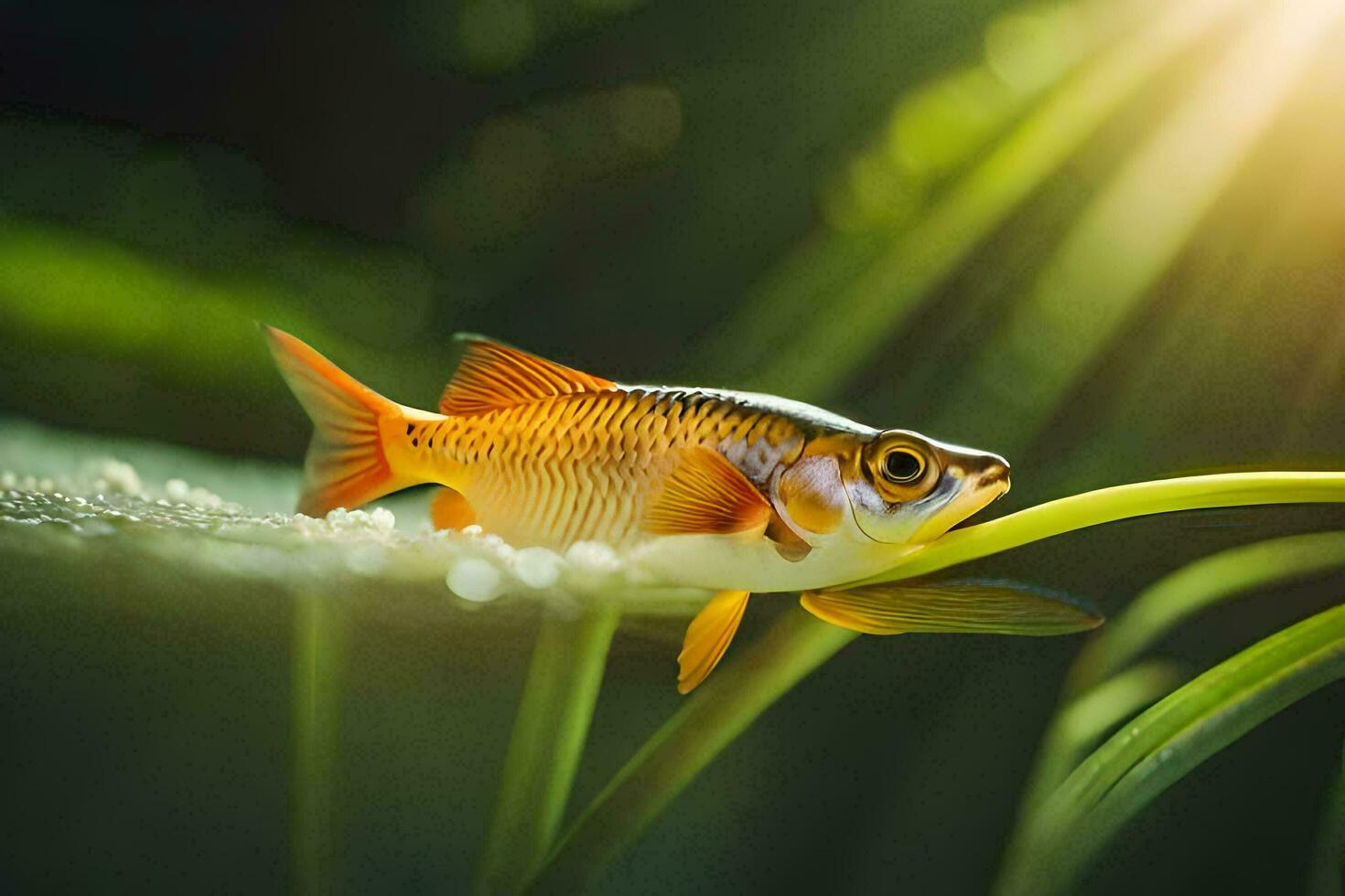 a fish is sitting on a leaf in the sunlight. AI-Generated photo