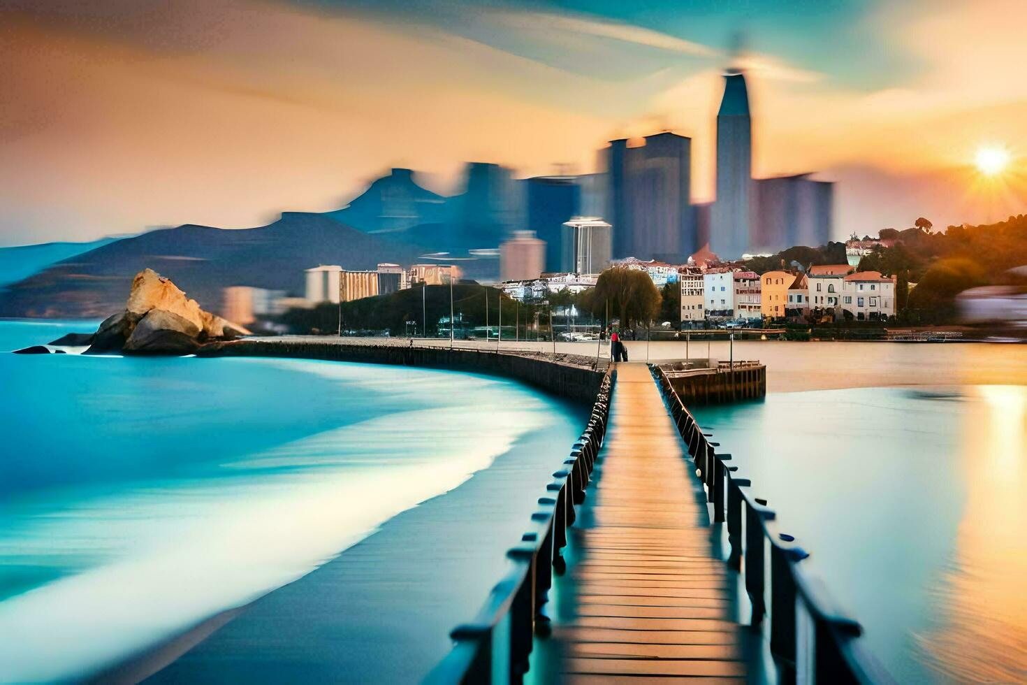 a long wooden pier leads to the ocean and city skyline. AI-Generated photo