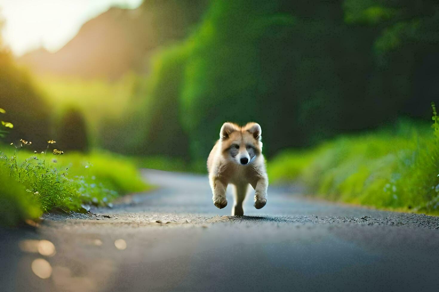 un perro corriendo abajo un la carretera en el medio de un campo. generado por ai foto