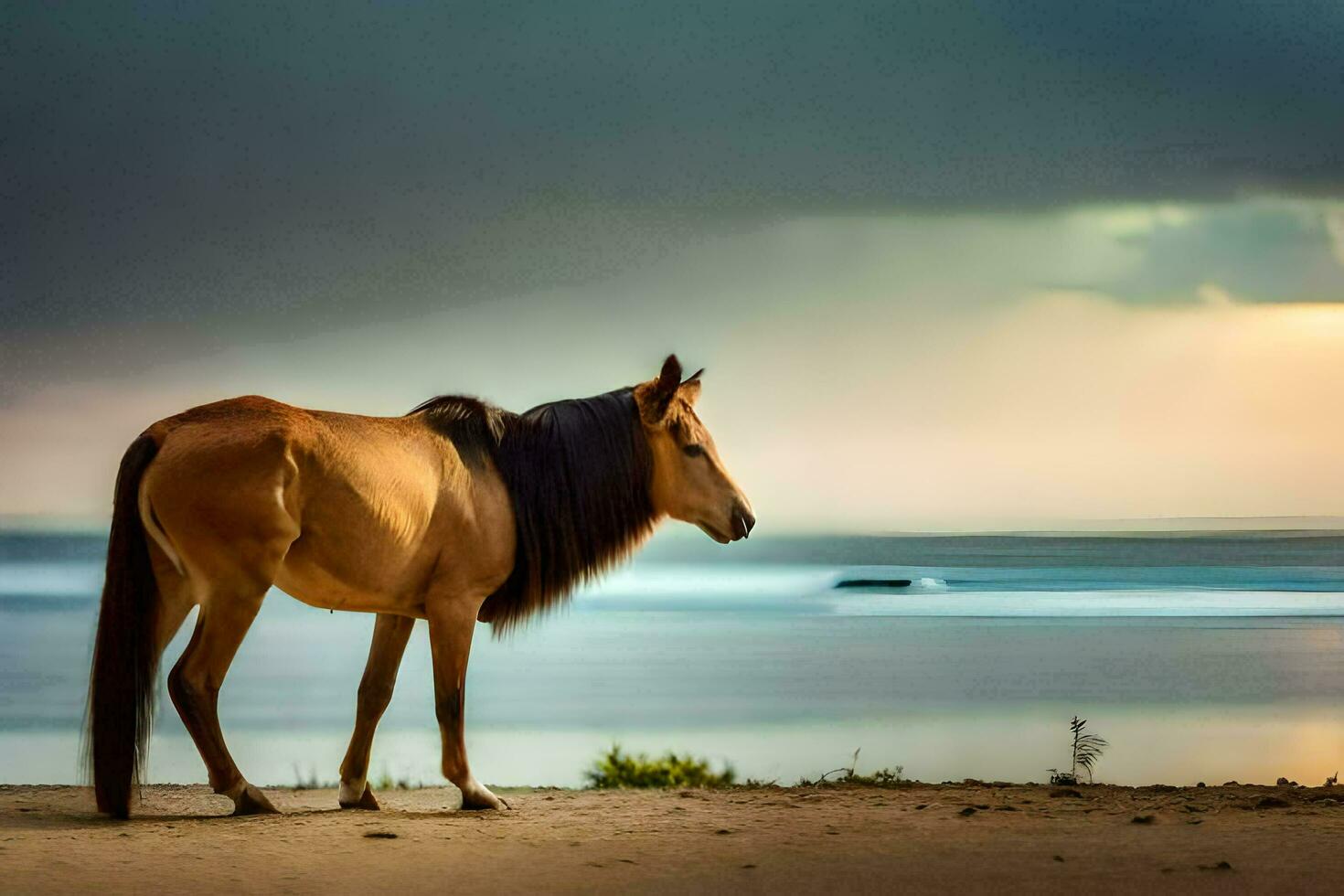 a horse standing on the beach at sunset. AI-Generated photo