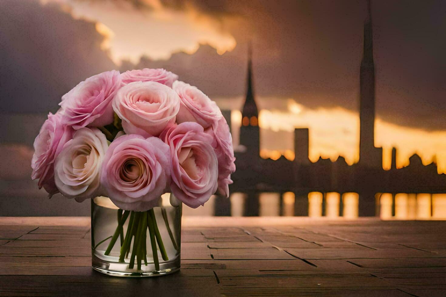 pink roses in a vase on a wooden table with a city skyline in the background. AI-Generated photo
