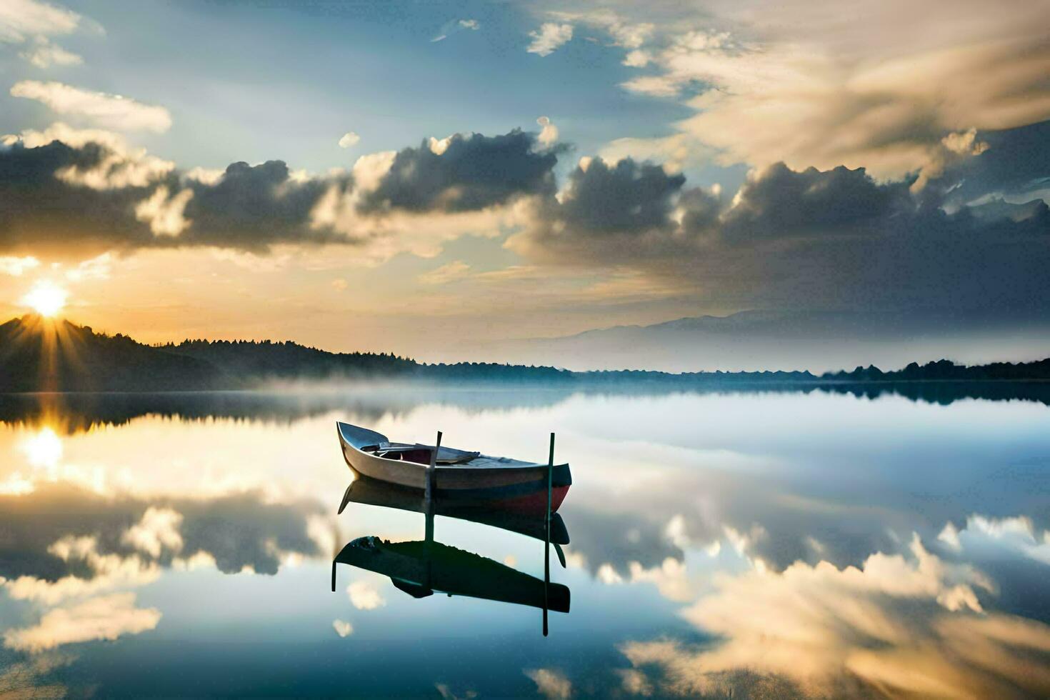 a boat is floating on a calm lake at sunset. AI-Generated photo