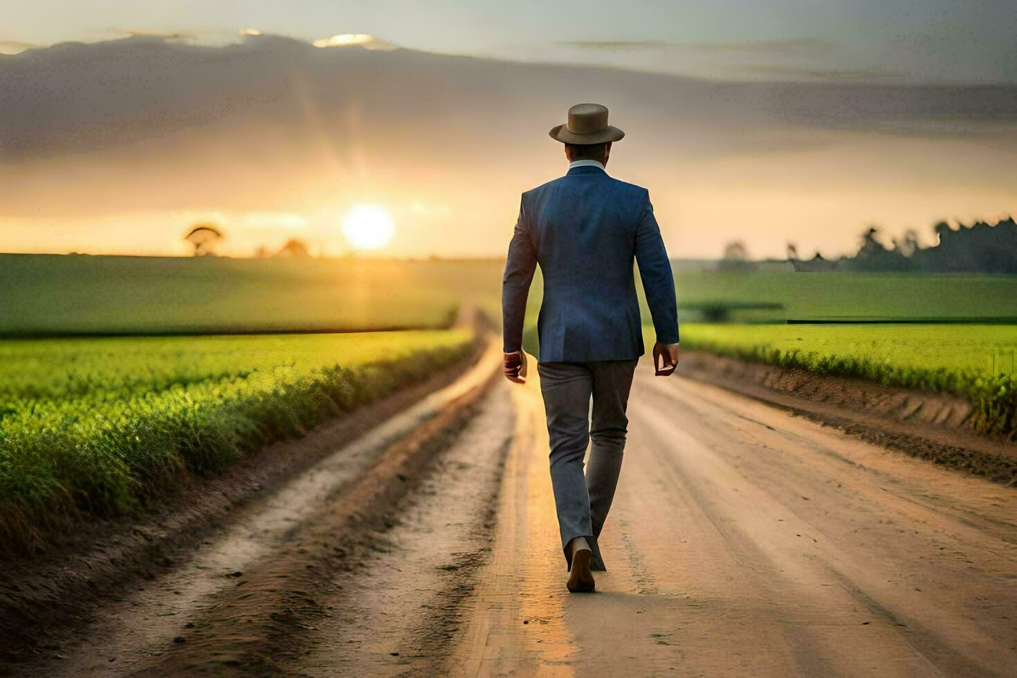 a man in a suit and hat walks down a dirt road. AI-Generated photo