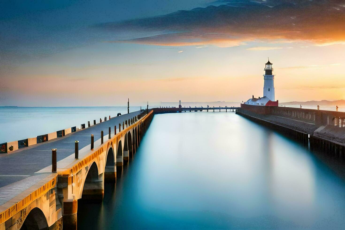 a long exposure photograph of a lighthouse at sunset. AI-Generated photo