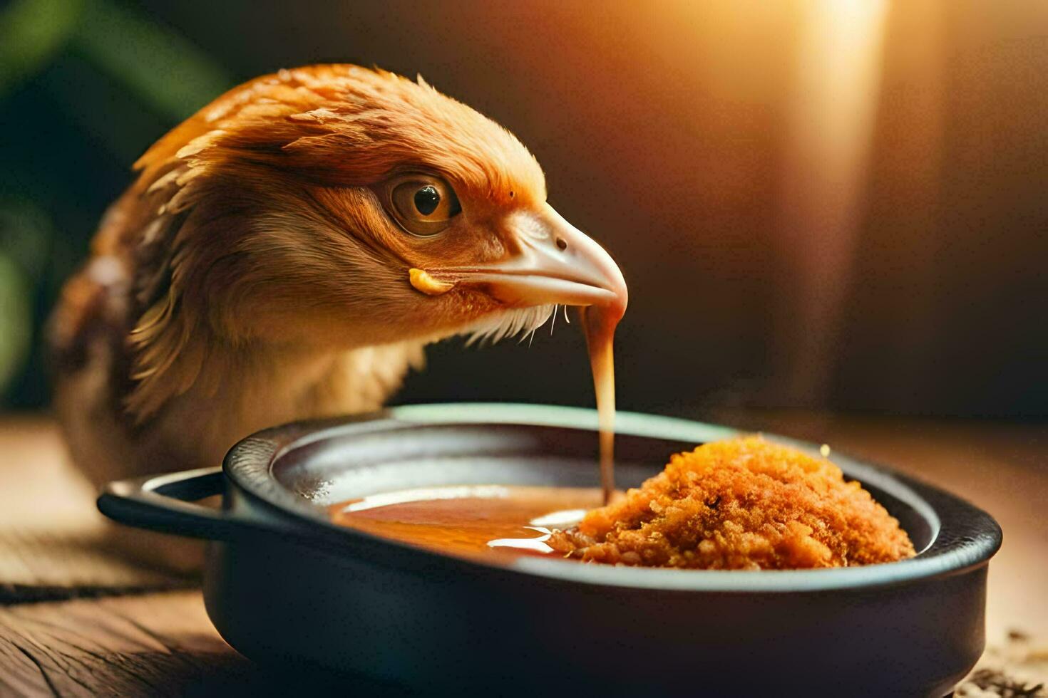 a chicken is eating from a bowl of food. AI-Generated photo