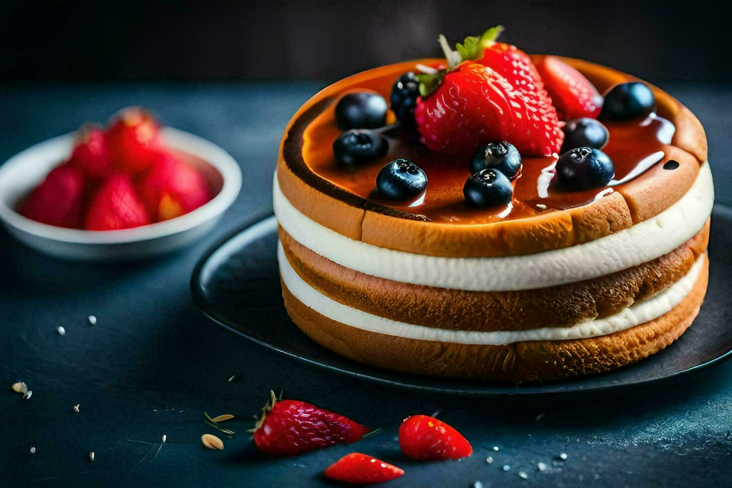 a cake with berries and cream on top. AI-Generated photo