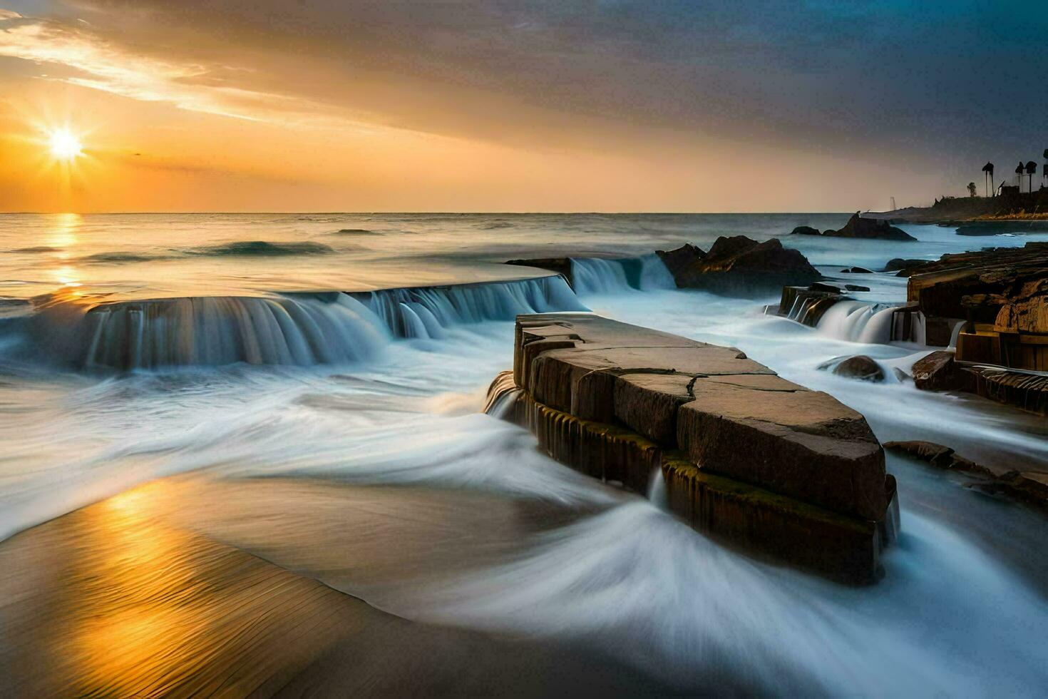 the sun sets over the ocean and waves crash into rocks. AI-Generated photo