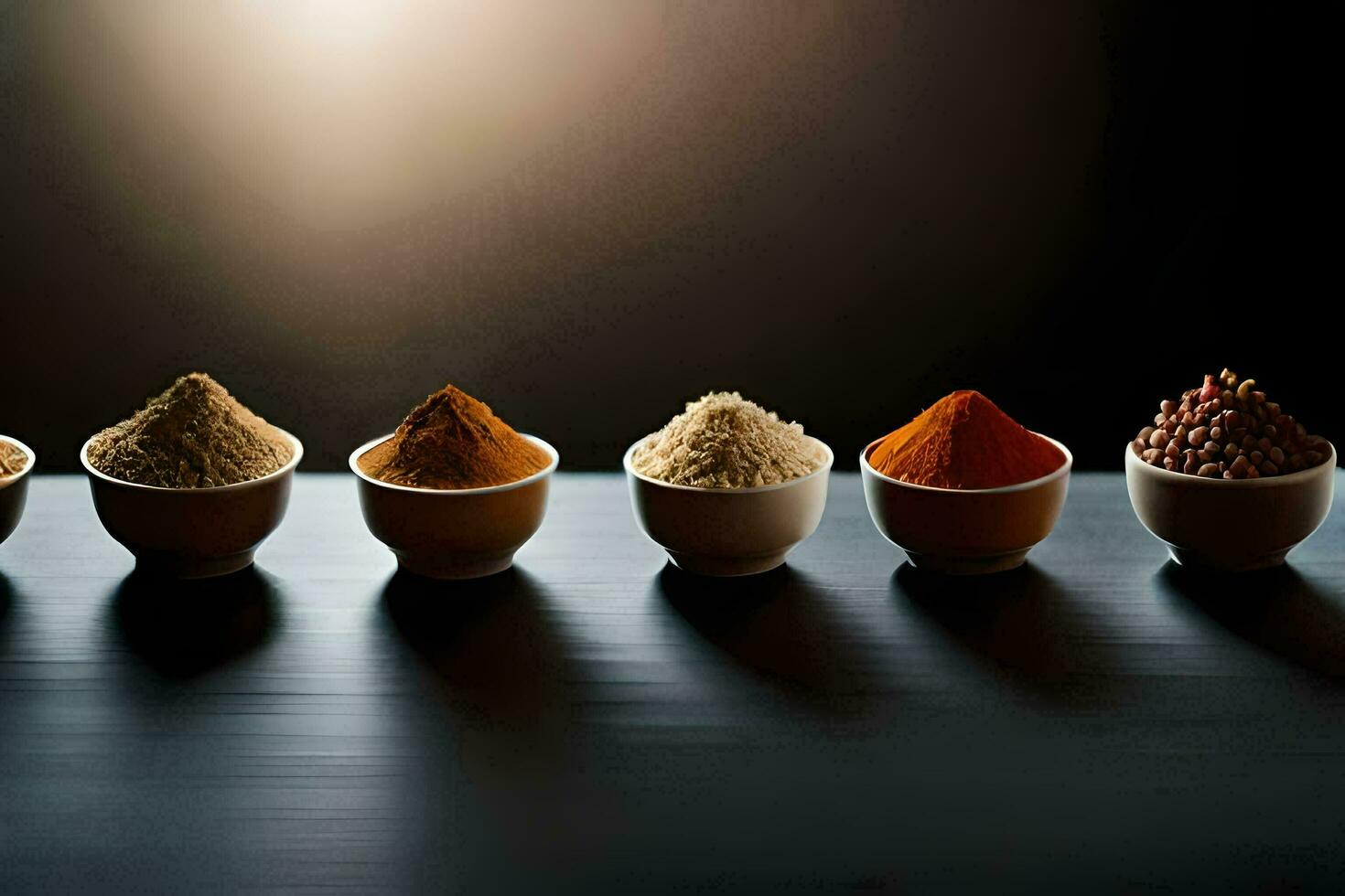 a row of different spices in bowls. AI-Generated photo