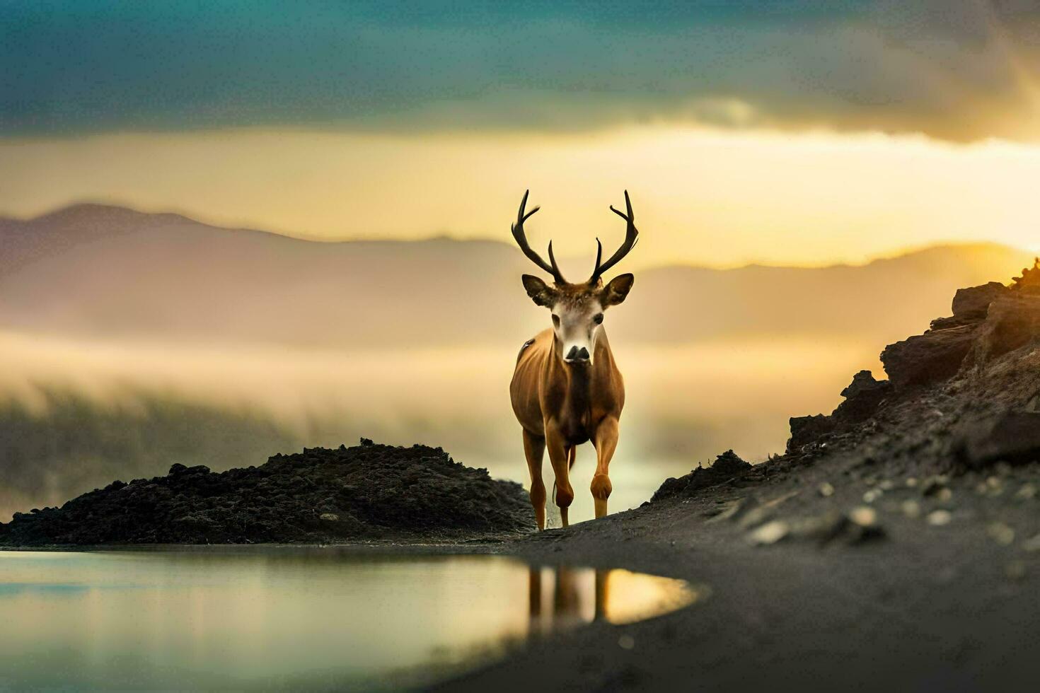 foto fondo de pantalla el cielo, agua, montañas, ciervo, el sol, el ciervo, el ciervo. generado por ai