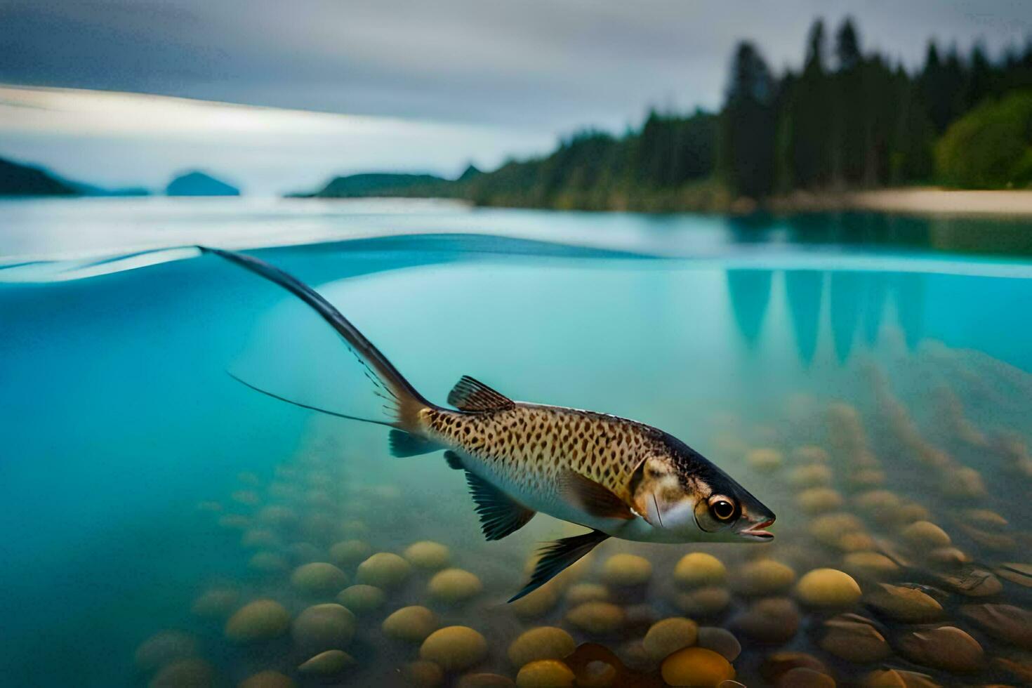 a fish swimming in the water with rocks and gravel. AI-Generated photo