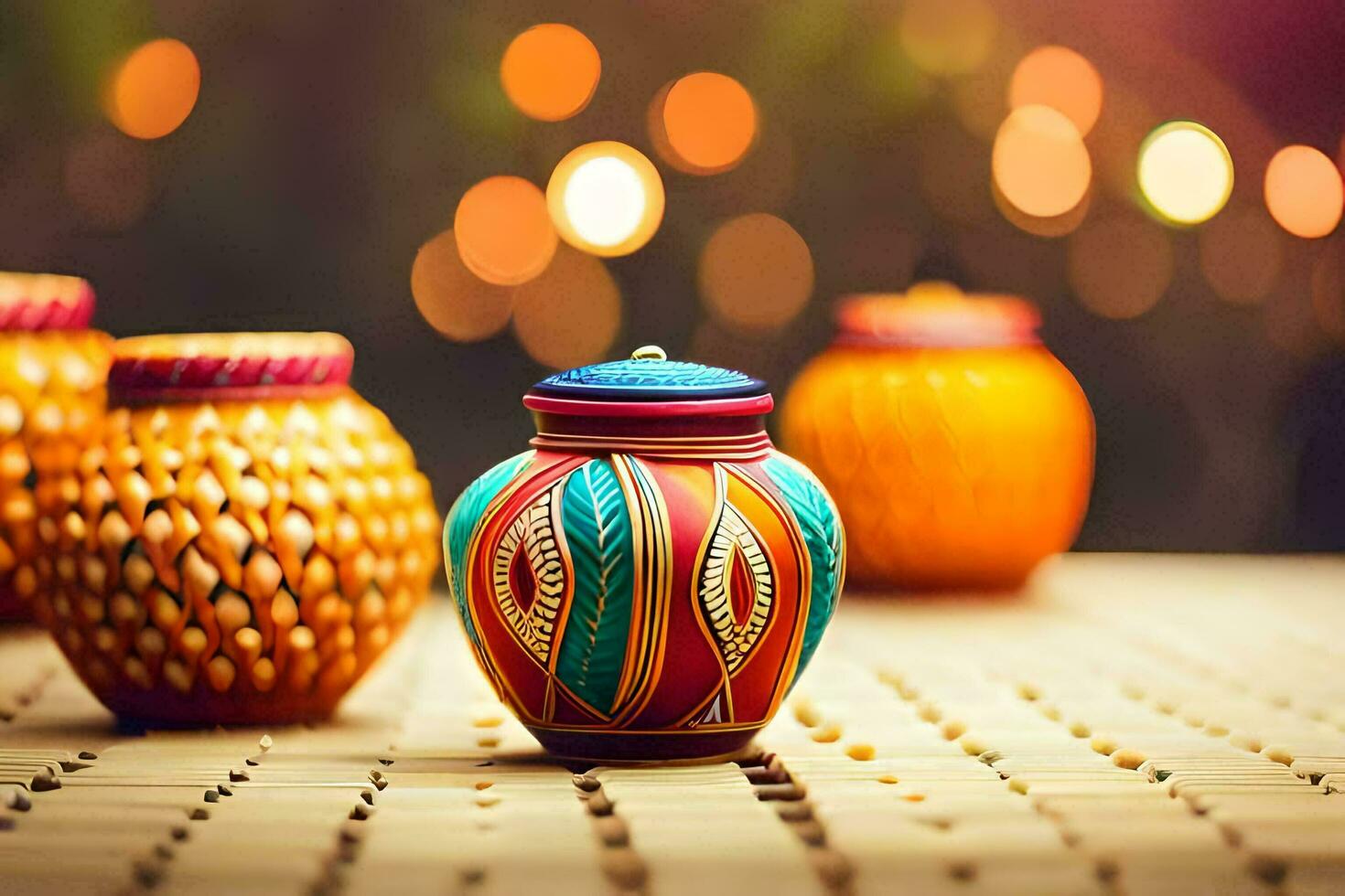 colorful vases on a wooden table with lights in the background. AI-Generated photo
