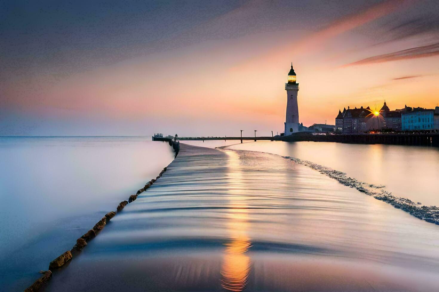 a lighthouse stands in the water at sunset. AI-Generated photo