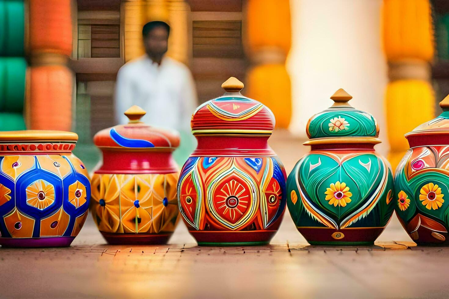 colorful pots and jars lined up on a wooden floor. AI-Generated photo