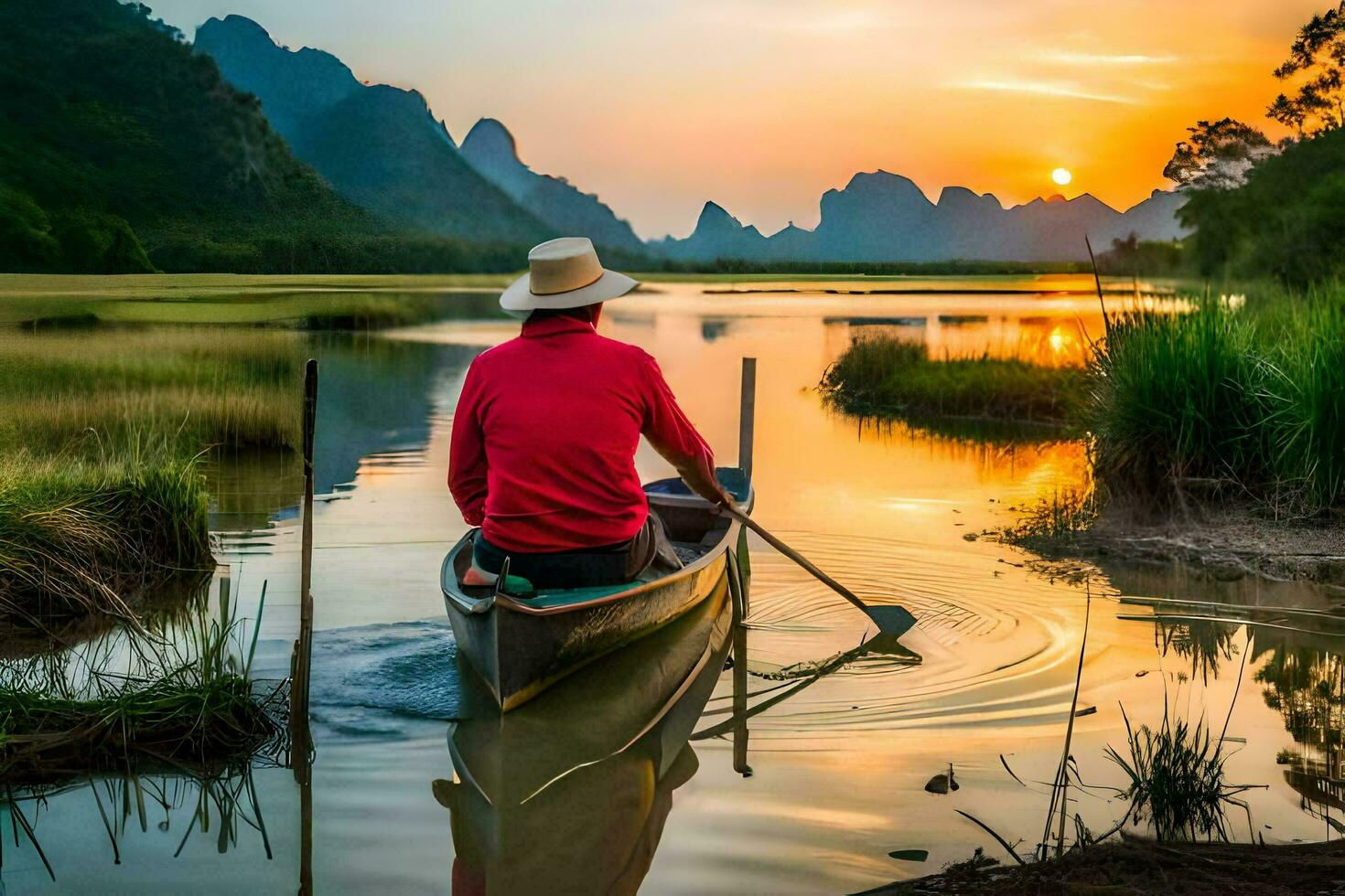 un hombre en un barco remar mediante el agua a puesta de sol. generado por ai foto