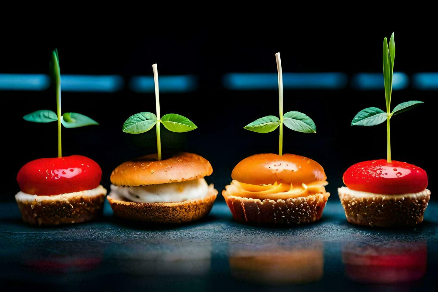 four mini sandwiches with toothpicks on them. AI-Generated photo