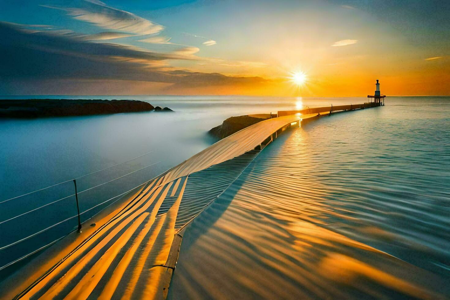 a long exposure photograph of a pier at sunset. AI-Generated photo