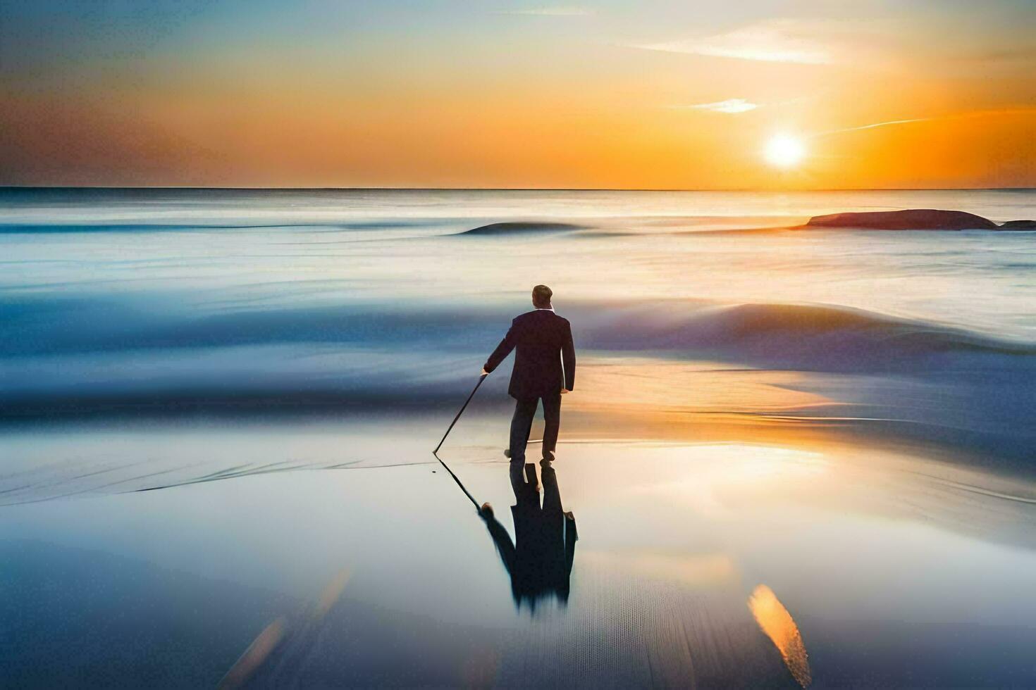 un hombre caminando en el playa a puesta de sol. generado por ai foto