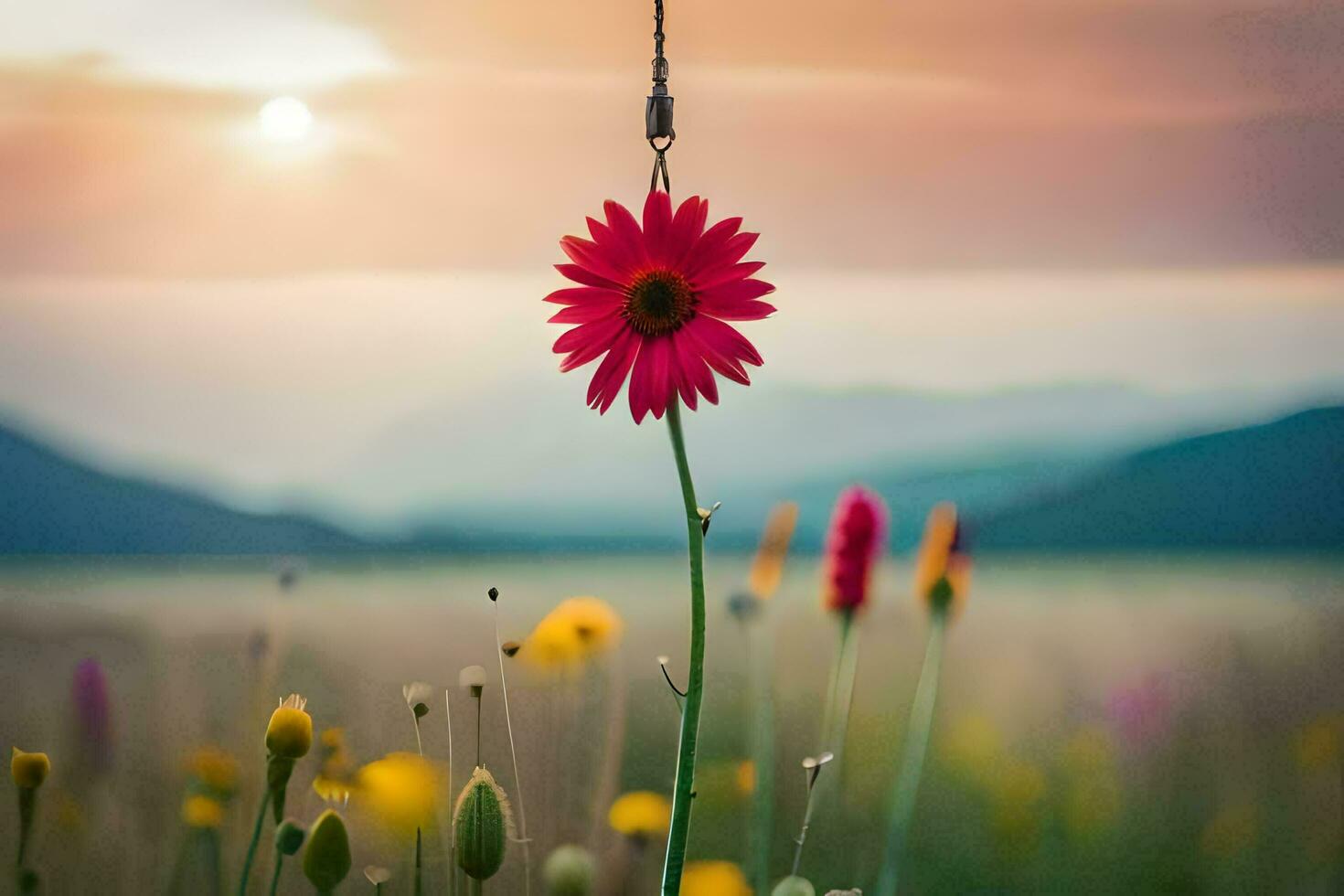 a red flower is hanging from a hook in front of a field. AI-Generated photo