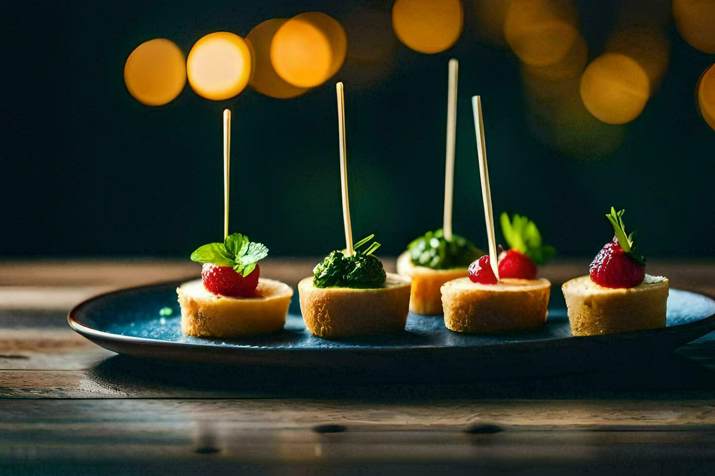 pequeño aperitivos en un plato con palillos de dientes generado por ai foto