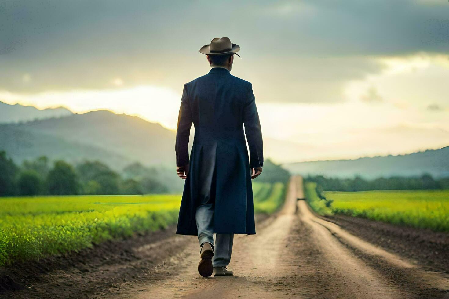 un hombre en un largo Saco y sombrero caminando abajo un suciedad la carretera. generado por ai foto