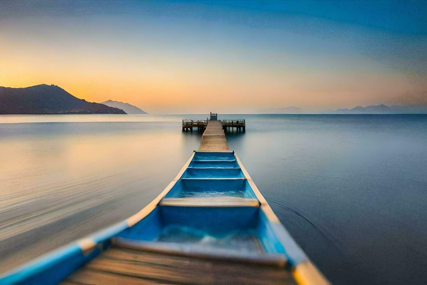 a boat is docked at the end of a pier at sunset. AI-Generated photo