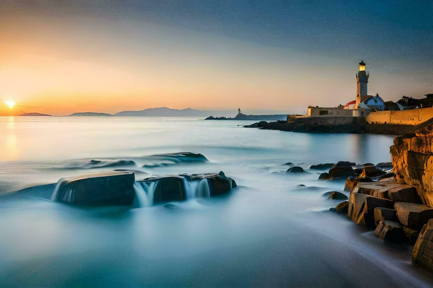 un faro a puesta de sol con rocas y agua. generado por ai foto