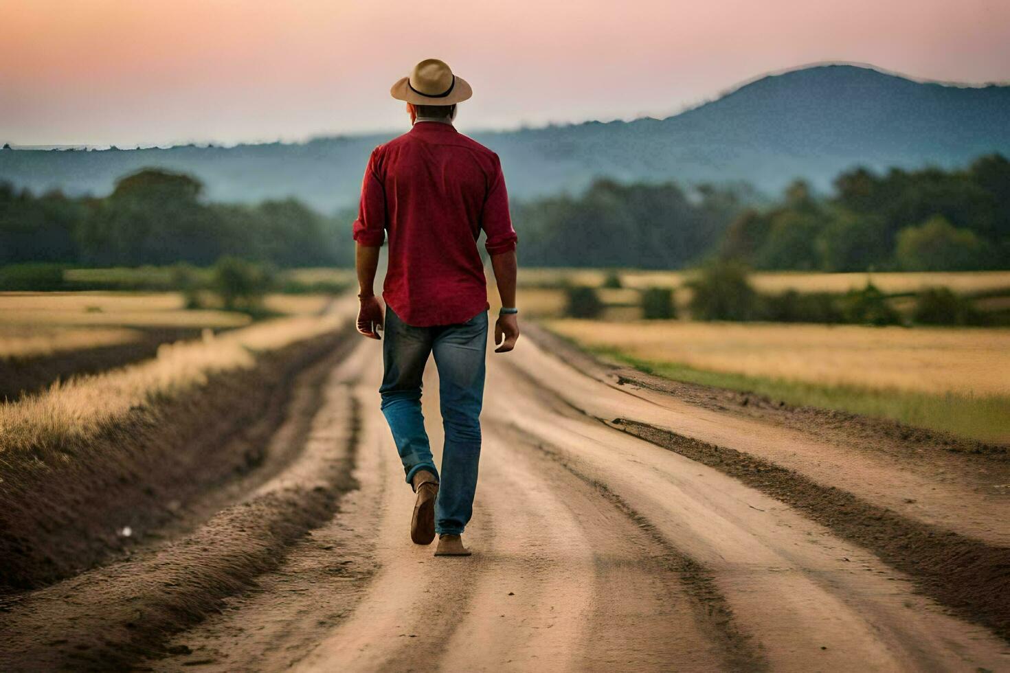 un hombre caminando abajo un suciedad la carretera en el país. generado por ai foto