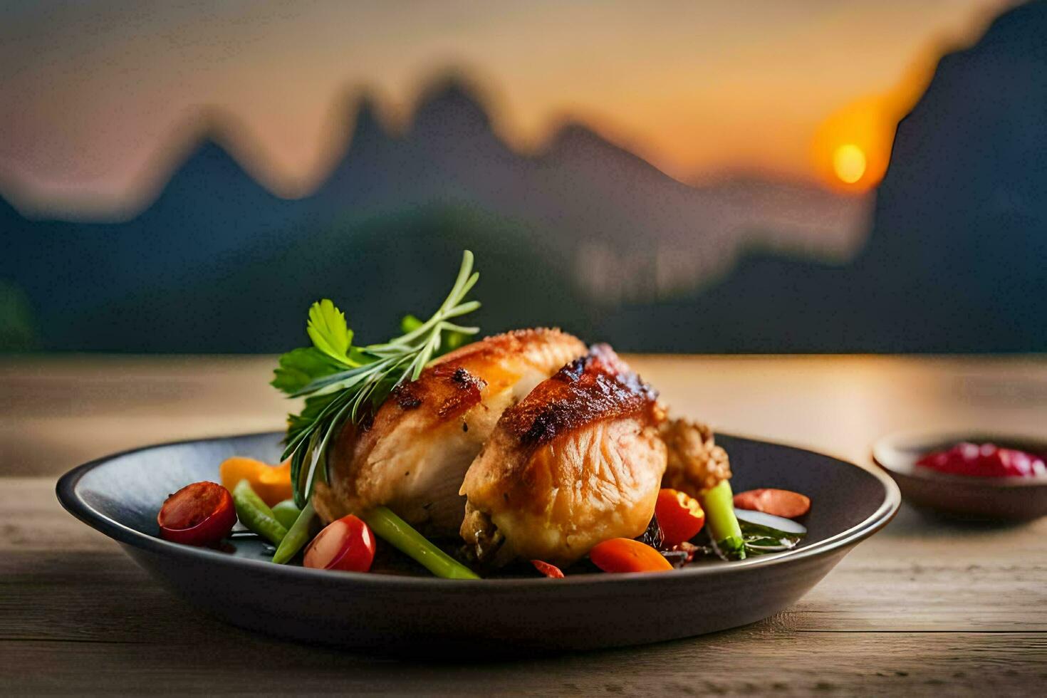 pollo en un plato con vegetales y un puesta de sol en el antecedentes. generado por ai foto