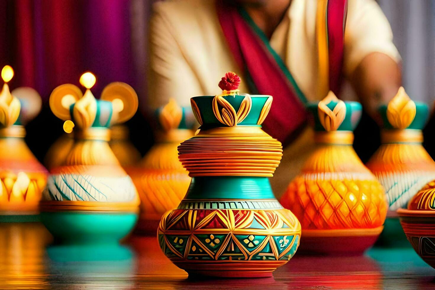 a man is standing in front of colorful vases. AI-Generated photo