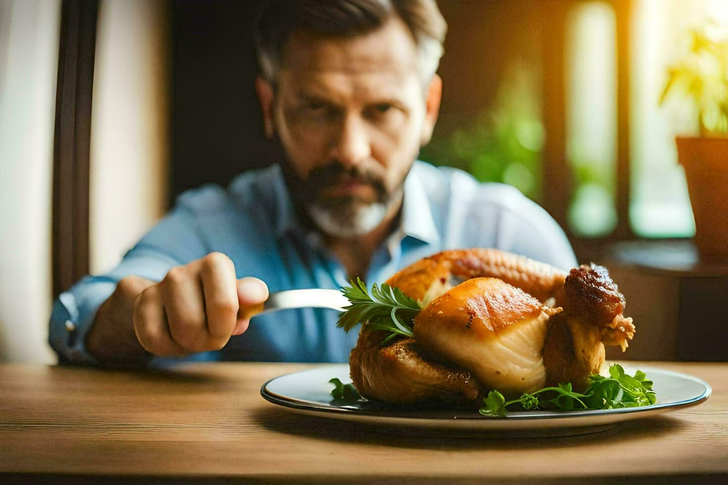 a man is holding a knife and fork while sitting at a table with a roasted turkey. AI-Generated photo