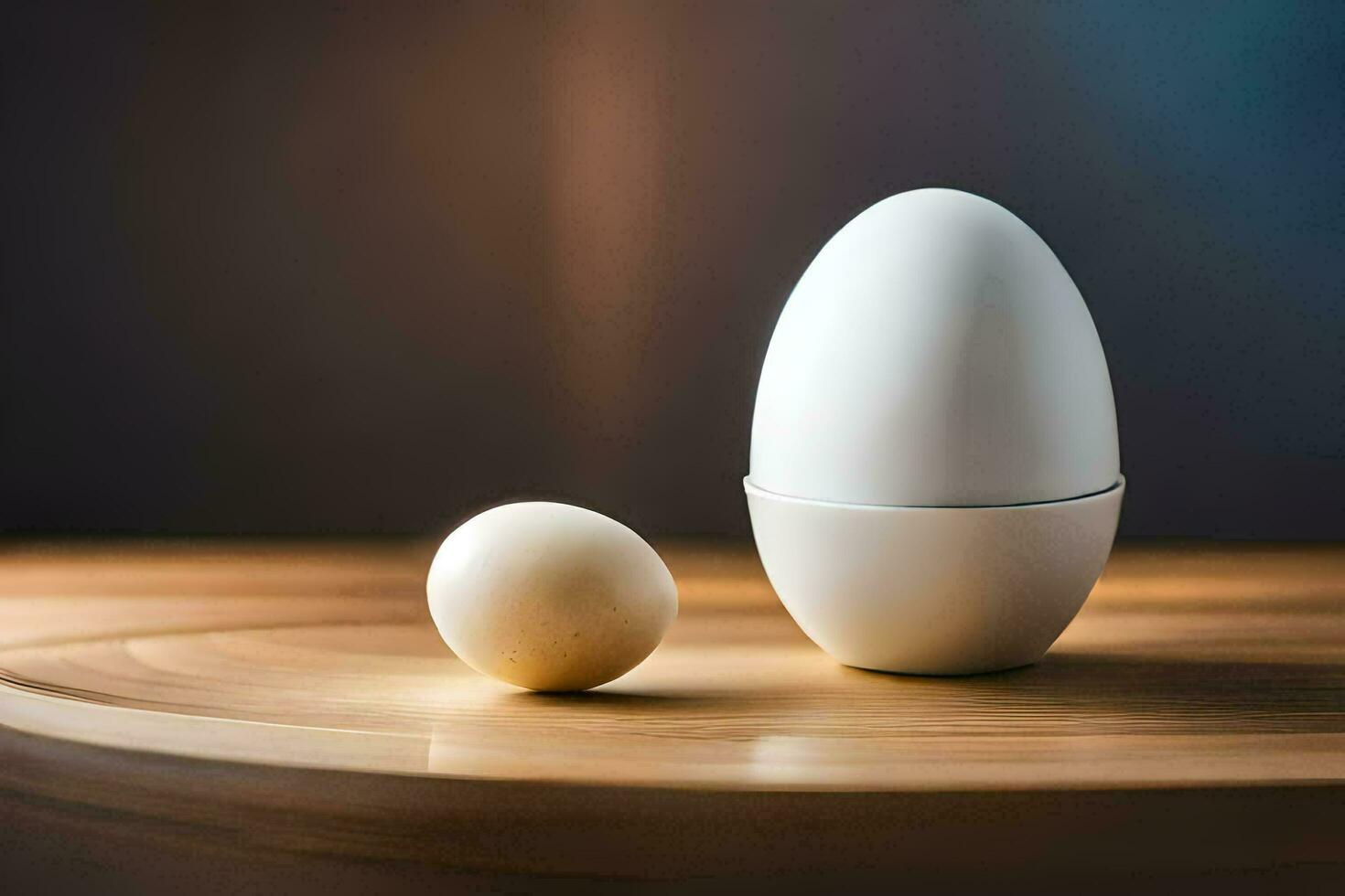 an egg and a white egg on a wooden table. AI-Generated photo