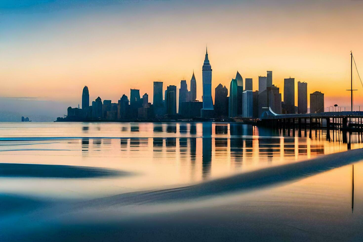 the city skyline is reflected in the water at sunset. AI-Generated photo