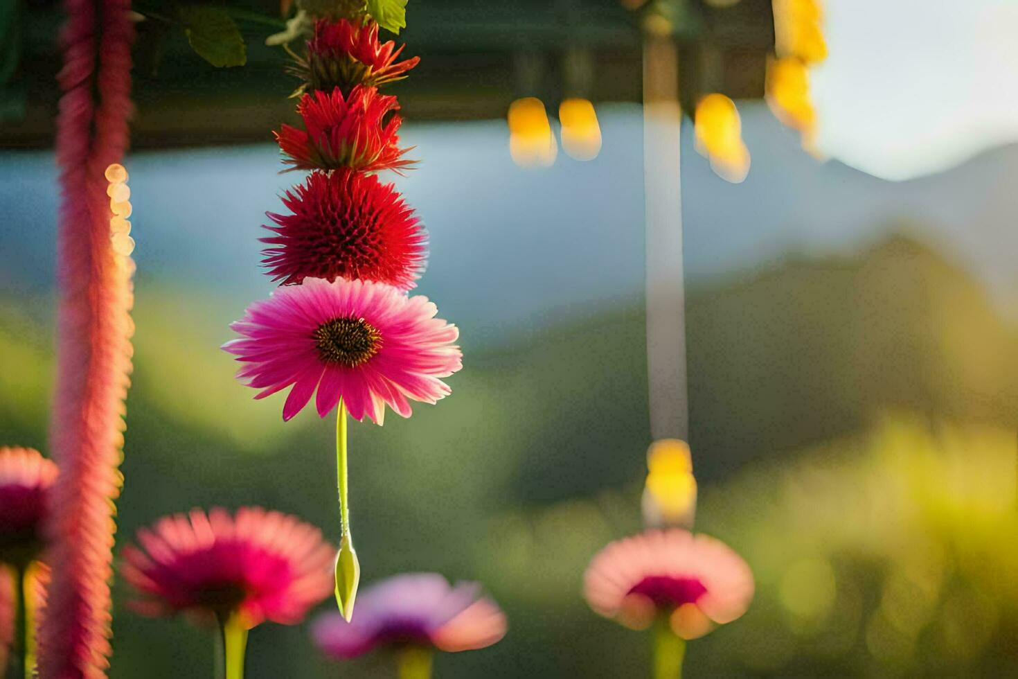 pink flowers hanging from a wooden frame in the sun. AI-Generated photo