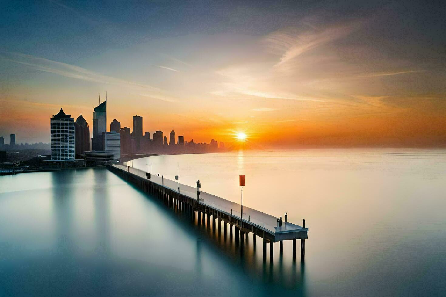 the sun rises over a pier in front of a city skyline. AI-Generated photo