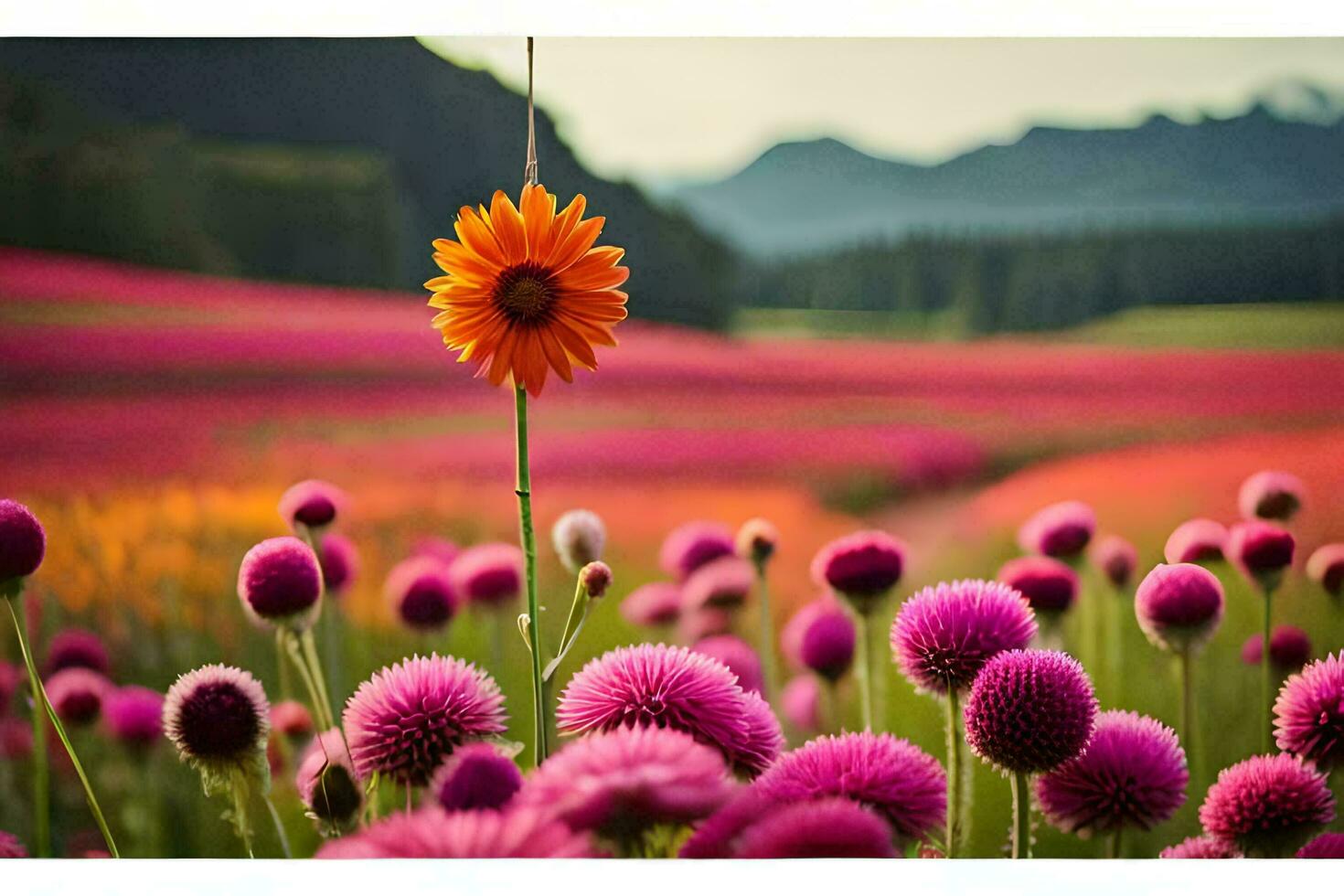 a single orange flower stands out in a field of pink flowers. AI-Generated photo