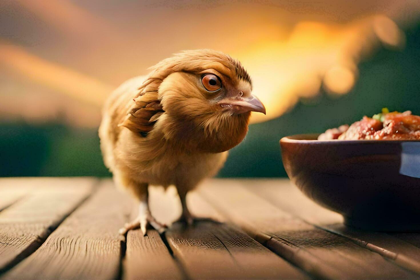 a chicken is standing next to a bowl of food. AI-Generated photo