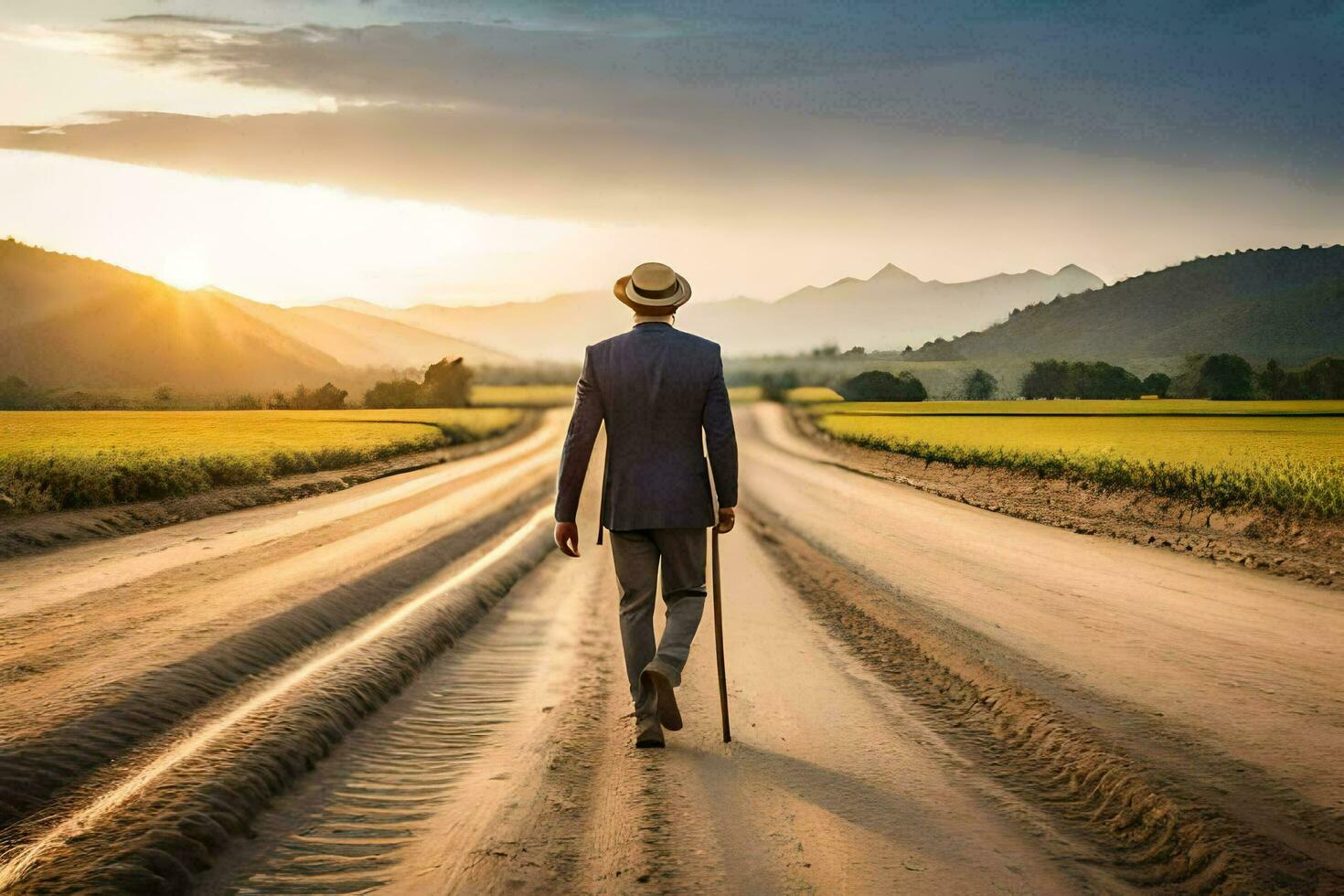 a man in a suit walks down a dirt road. AI-Generated photo