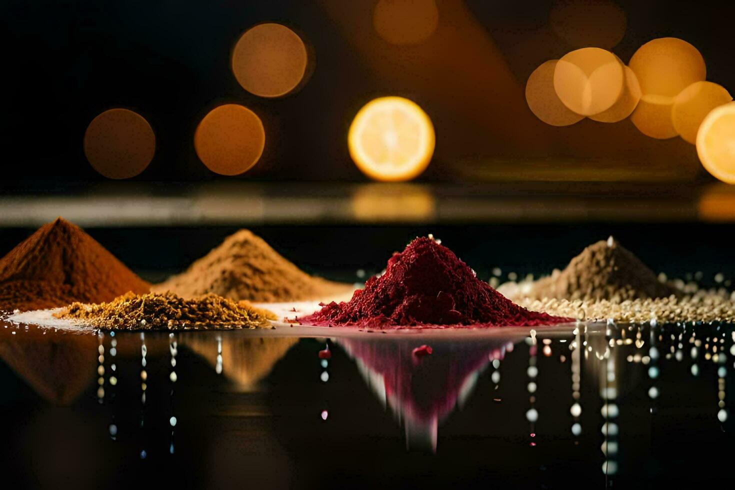 a variety of spices are shown on a table. AI-Generated photo