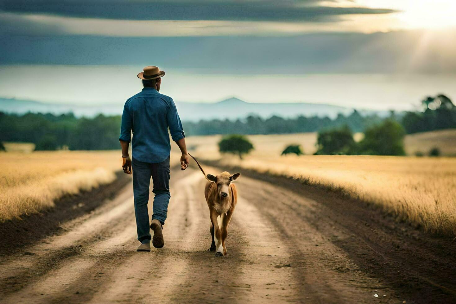 un hombre caminando su perro abajo un suciedad la carretera. generado por ai foto