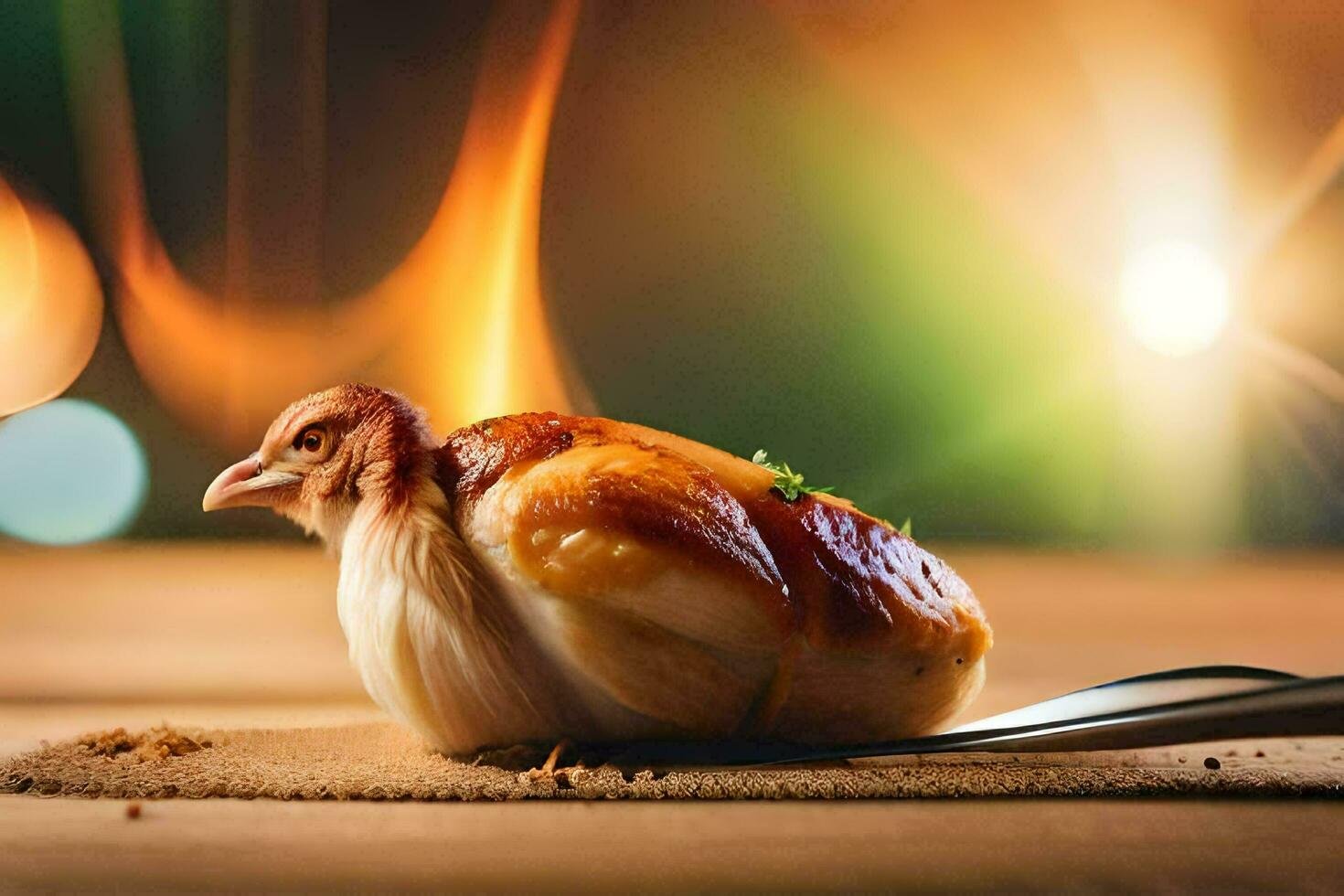 a chicken is sitting on a table with a fork. AI-Generated photo