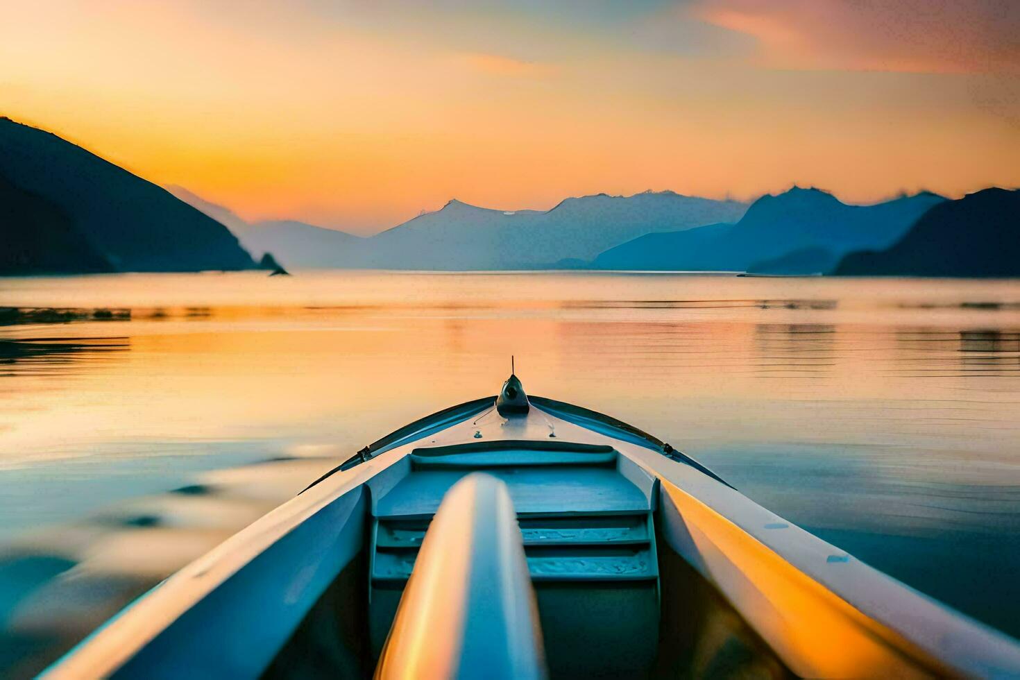 a boat on the water at sunset with mountains in the background. AI-Generated photo