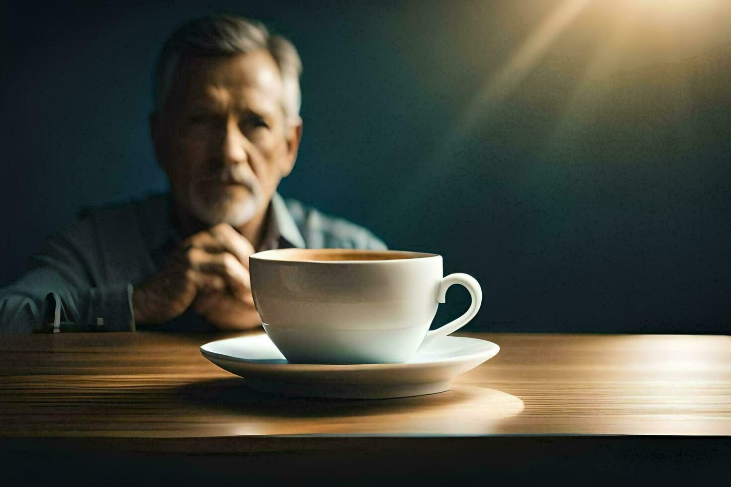 an older man sits at a table with a cup of coffee. AI-Generated photo