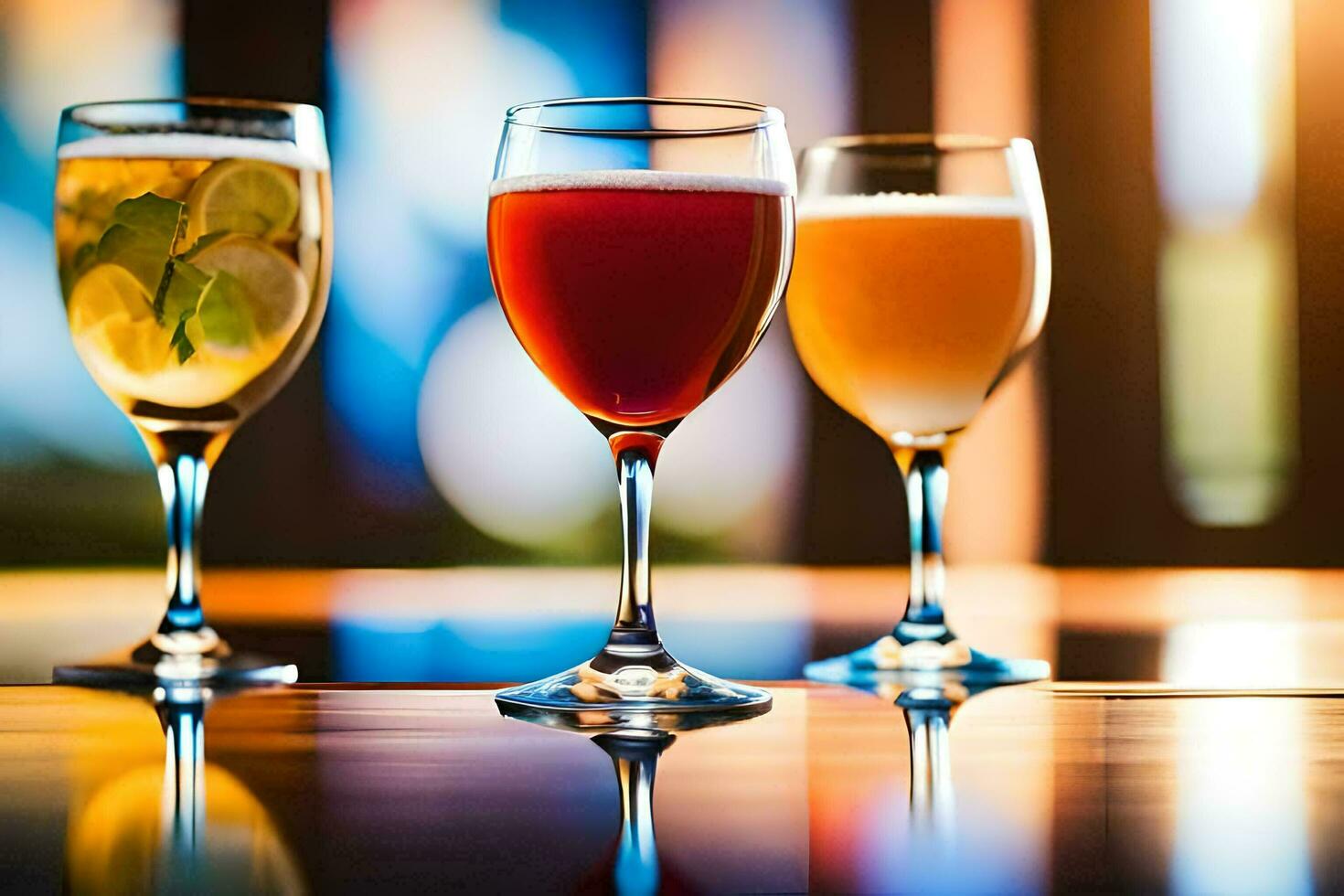 three glasses of different drinks on a table. AI-Generated photo