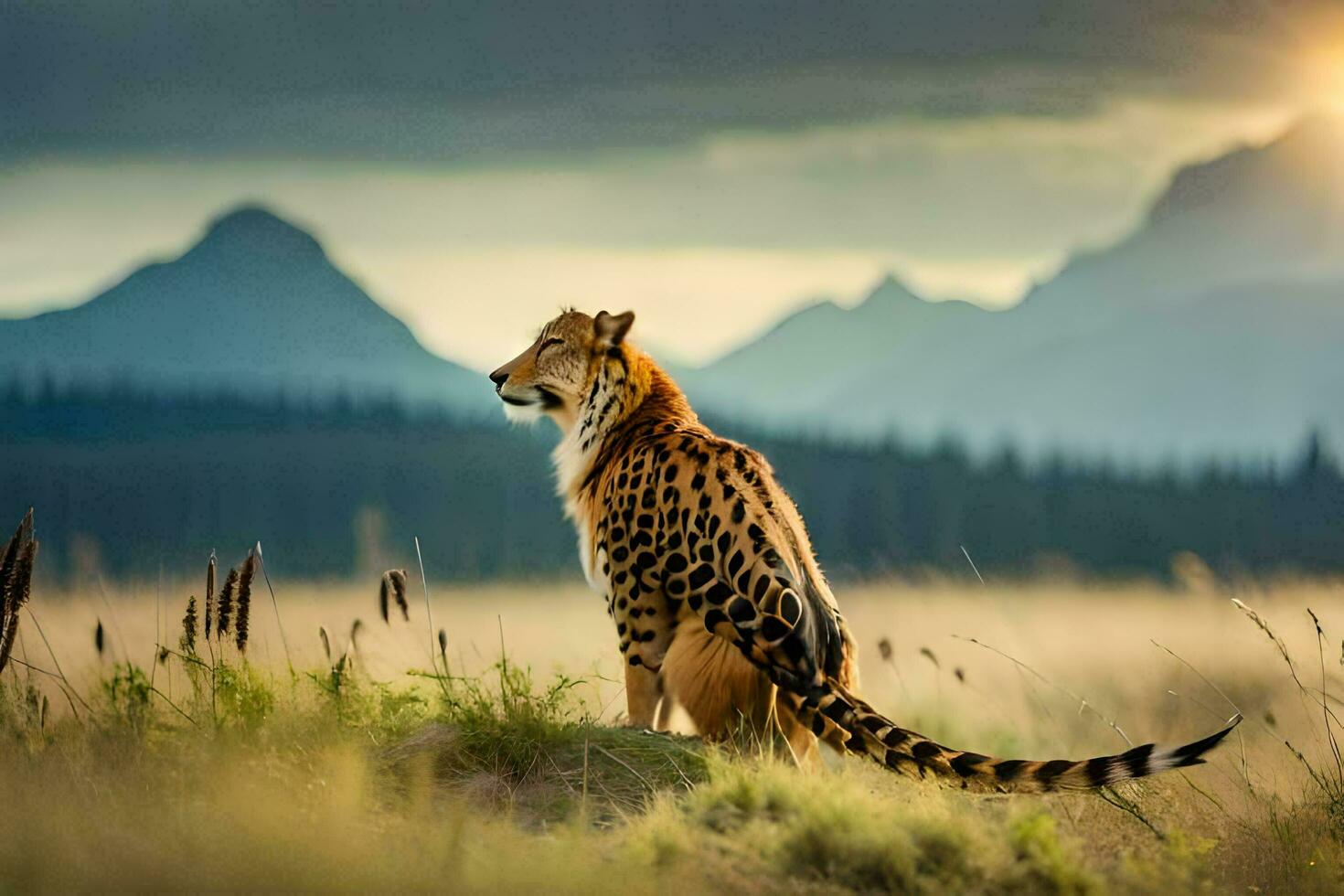 a cheetah is sitting on the grass in front of mountains. AI-Generated photo